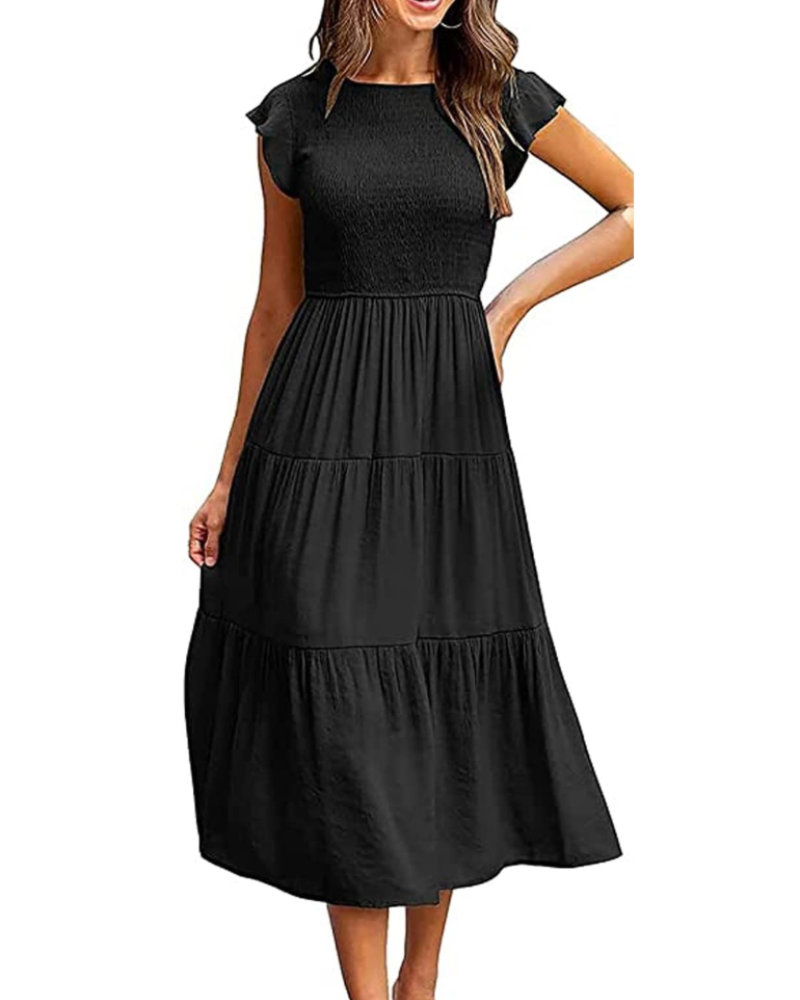 Sabrina Damen Maxikleid – Stufenkleid mit hoher Taille & Volant-Ärmeln