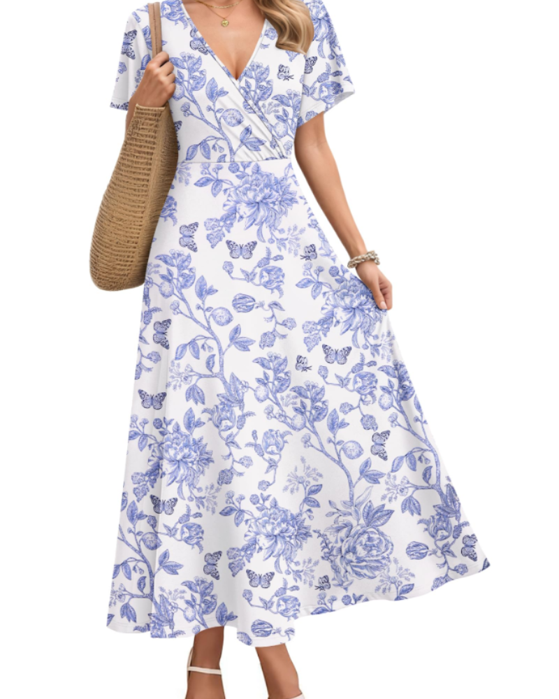 Isabelle Damen Maxikleid – Künstlerisches Kleid mit V-Ausschnitt & hoher Taille