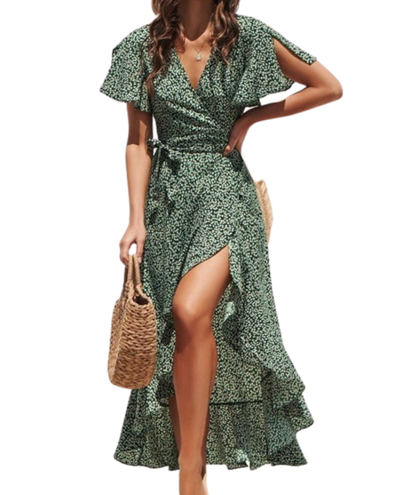 Rosalie Damen Maxikleid – Wickelkleid mit V-Ausschnitt & Volant-Saum