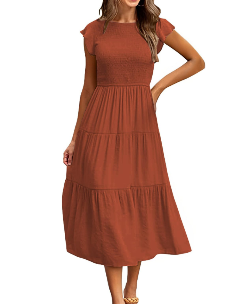 Sabrina Damen Maxikleid – Stufenkleid mit hoher Taille & Volant-Ärmeln