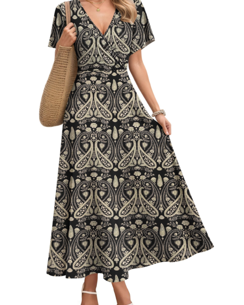 Isabelle Damen Maxikleid – Künstlerisches Kleid mit V-Ausschnitt & hoher Taille