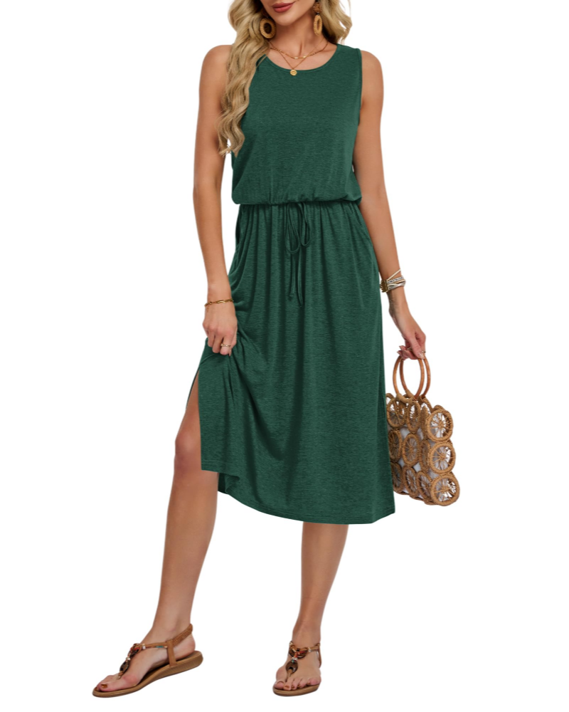 Ariana Damen Midi-Kleid – Ärmelloses Kleid mit Taschen, Gürtel & seitlichem Schlitz