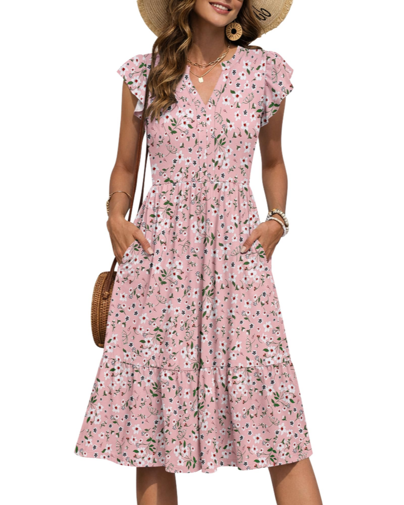 Camilla Damen Midi-Kleid – Blumenkleid mit V-Ausschnitt & Volant-Ärmeln