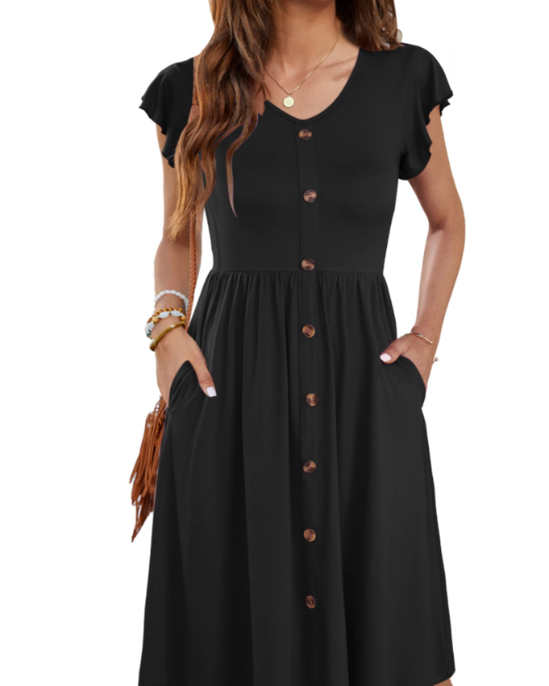 Lydia Abito Donna – Vestito Midi Estivo con Scollo a V, Bottoni Decorativi & Tasche