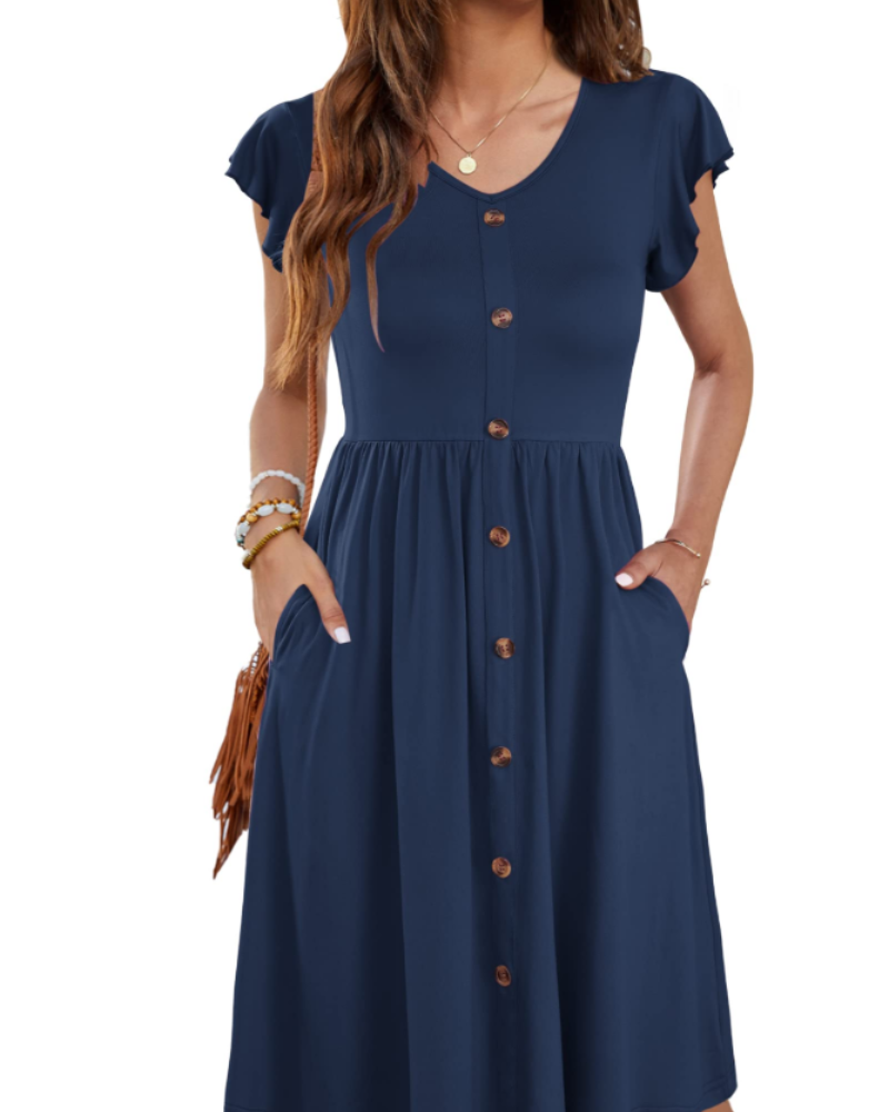 Lydia Abito Donna – Vestito Midi Estivo con Scollo a V, Bottoni Decorativi & Tasche