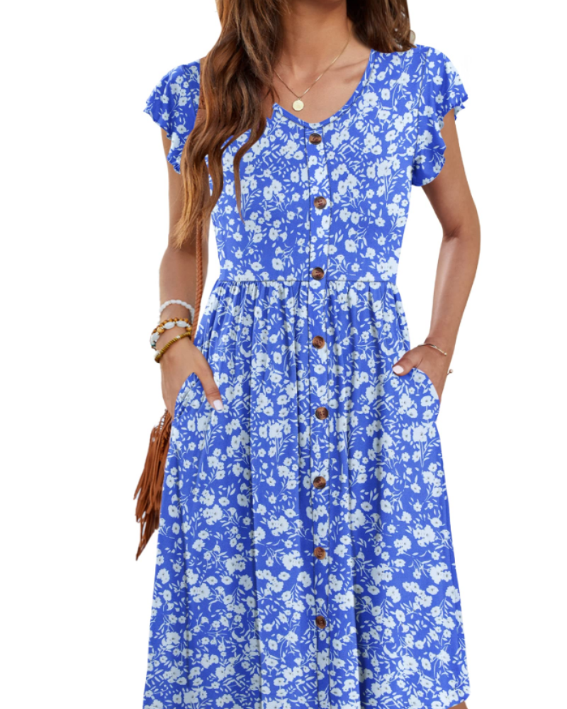 Lydia Abito Femme – Robe Midi d'Été avec Col en V, Boutons Décoratifs et Poches