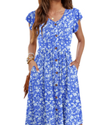 Lydia Abito Femme – Robe Midi d'Été avec Col en V, Boutons Décoratifs et Poches