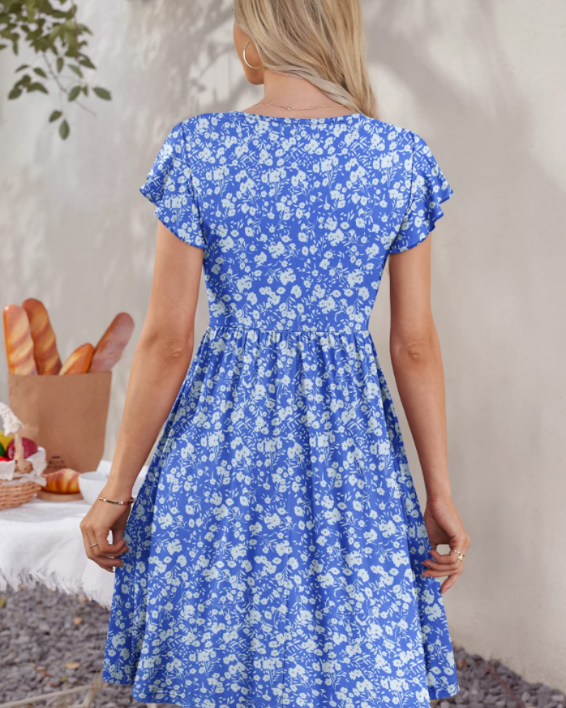 Lydia Abito Femme – Robe Midi d'Été avec Col en V, Boutons Décoratifs et Poches