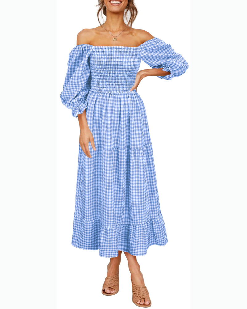 Lily Women's Midi Dress – Boho Plaid Dress with Puff Sleeves and Ruffles