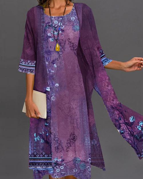 Beverly Completo Donna 2 Pezzi – Abito Midi Floreale con Cardigan in Tulle