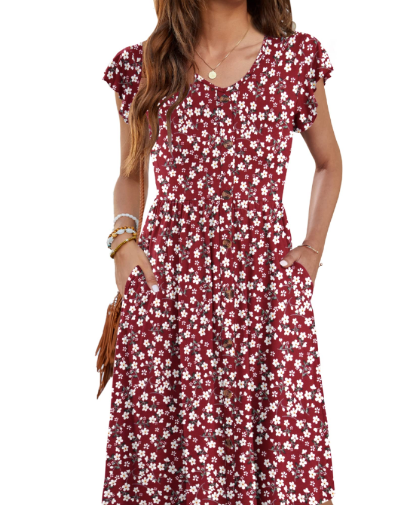 Lydia Abito Donna – Vestito Midi Estivo con Scollo a V, Bottoni Decorativi & Tasche