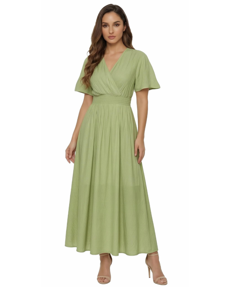Brynn Women’s Long Dress – V-Neck, Ruffled Sleeves and Elasticated Waist