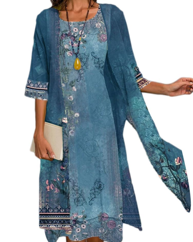Beverly Completo Donna 2 Pezzi – Abito Midi Floreale con Cardigan in Tulle