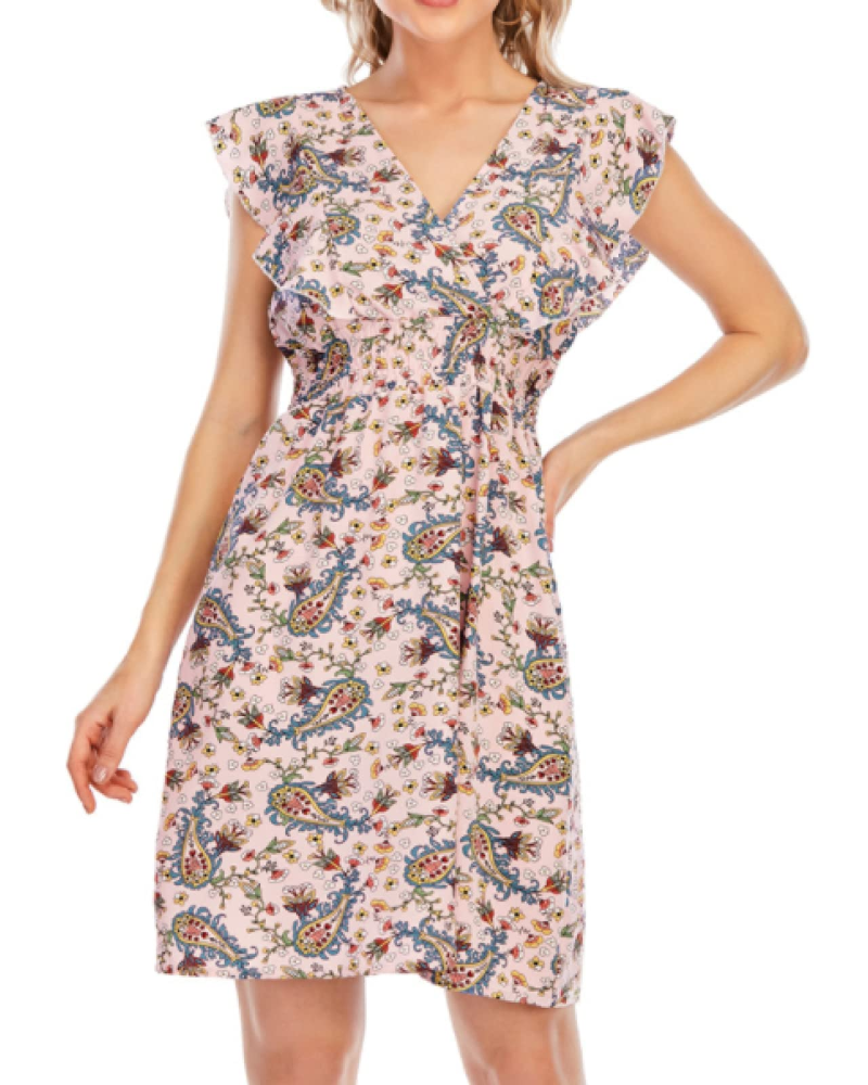 Women's Paige Abito – Floral Mini Dress in Chiffon with V-Neck, Ruffles & A-Line Silhouette