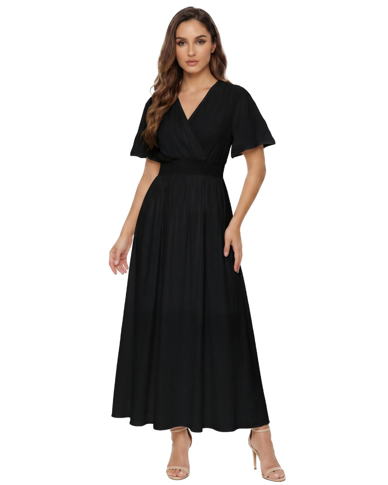 Brynn Women’s Long Dress – V-Neck, Ruffled Sleeves and Elasticated Waist