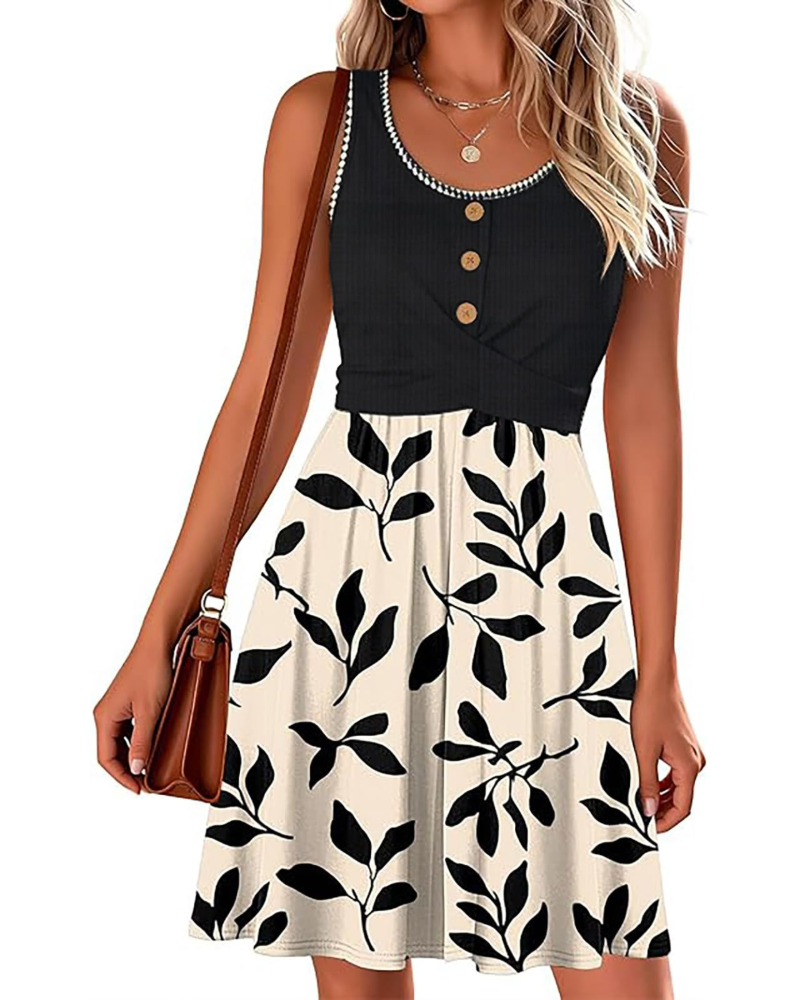 Freya Vestido de Mujer – Vestido Floral en Línea A con Cuello Redondo, Bolsillos y Detalles en Contraste