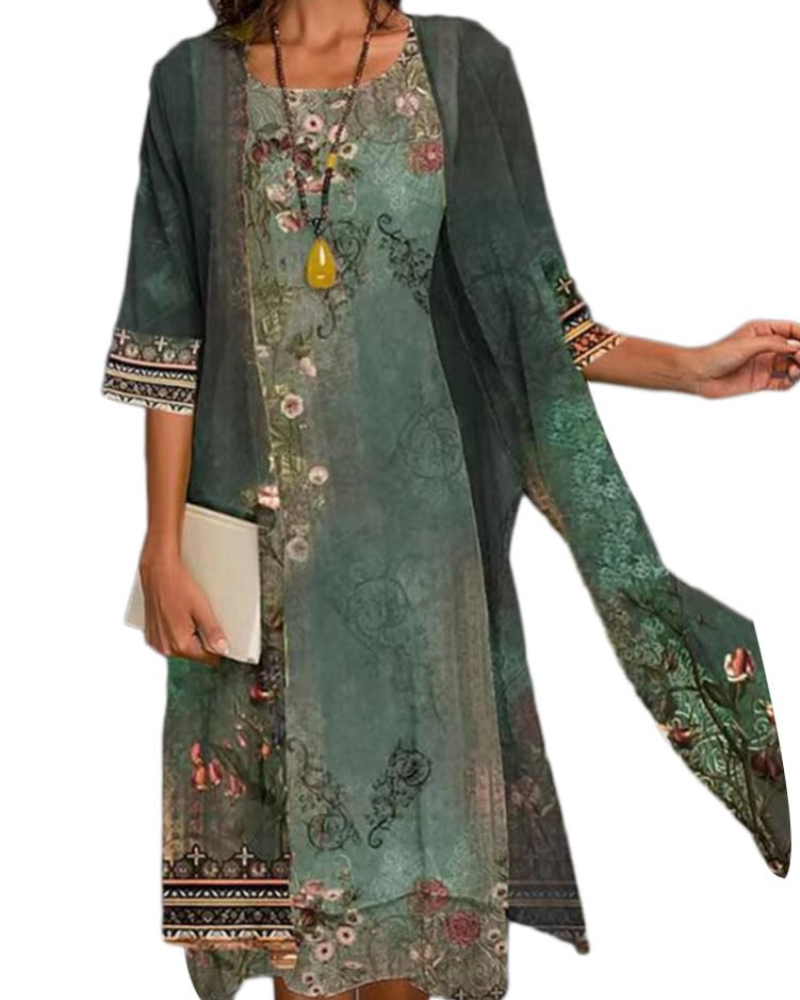 Beverly Completo Donna 2 Pezzi – Abito Midi Floreale con Cardigan in Tulle