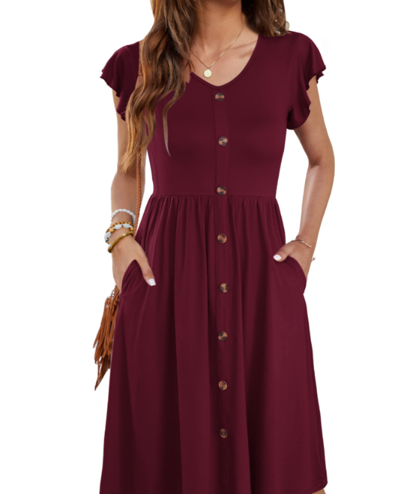 Lydia Abito Donna – Vestito Midi Estivo con Scollo a V, Bottoni Decorativi & Tasche