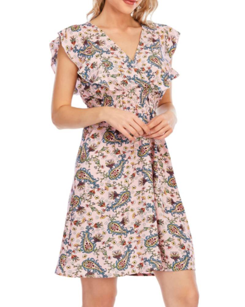 Women's Paige Abito – Floral Mini Dress in Chiffon with V-Neck, Ruffles & A-Line Silhouette
