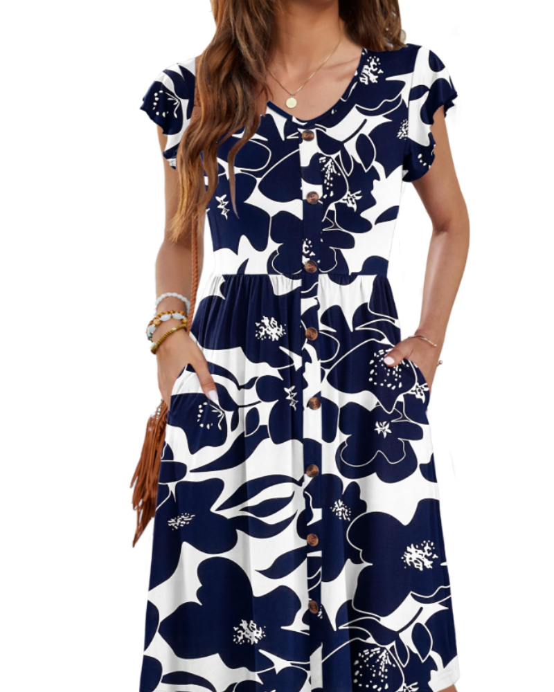 Lydia Abito Donna – Vestito Midi Estivo con Scollo a V, Bottoni Decorativi & Tasche