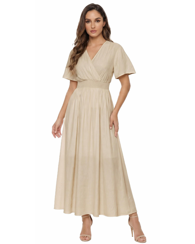 Brynn Women’s Long Dress – V-Neck, Ruffled Sleeves and Elasticated Waist