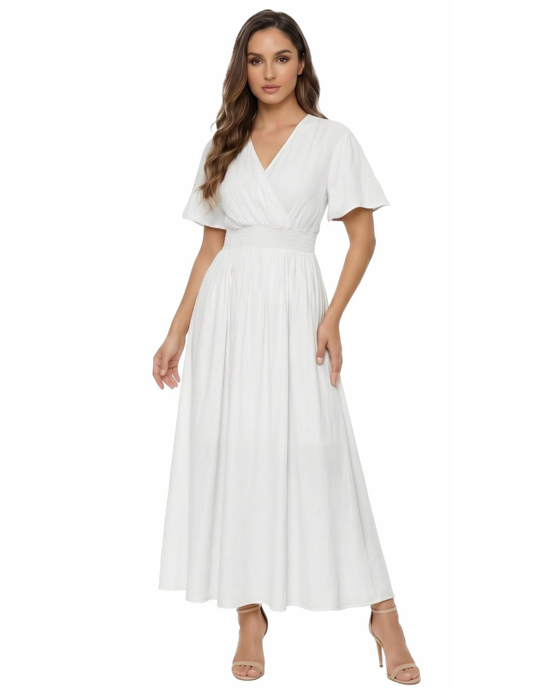 Brynn Women’s Long Dress – V-Neck, Ruffled Sleeves and Elasticated Waist