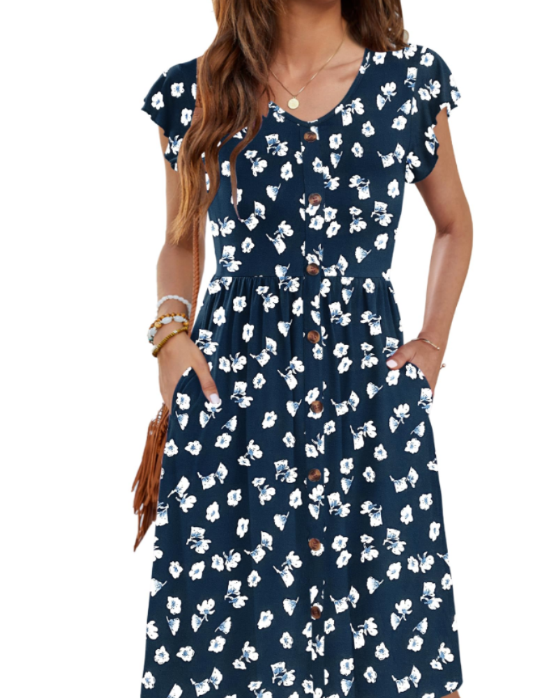 Lydia Abito Donna – Vestito Midi Estivo con Scollo a V, Bottoni Decorativi & Tasche
