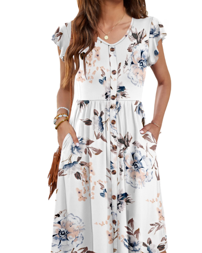 Lydia Abito Donna – Vestito Midi Estivo con Scollo a V, Bottoni Decorativi & Tasche
