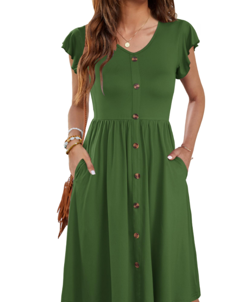 Lydia Abito Donna – Vestito Midi Estivo con Scollo a V, Bottoni Decorativi & Tasche