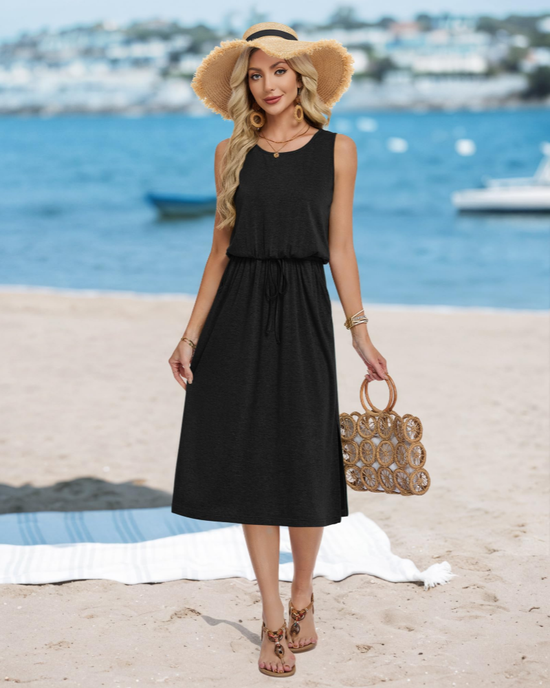 Ariana Women's Midi Dress – Sleeveless Dress with Pockets, Belt & Side Slit