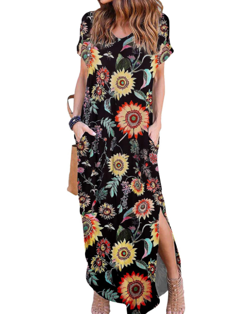 Paige Abito Donna – Vestito Maxi Estivo con Scollo a V, Maniche Corte & Spacchi Laterali