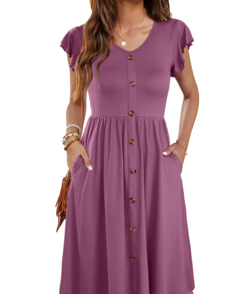 Lydia Abito Donna – Vestito Midi Estivo con Scollo a V, Bottoni Decorativi & Tasche