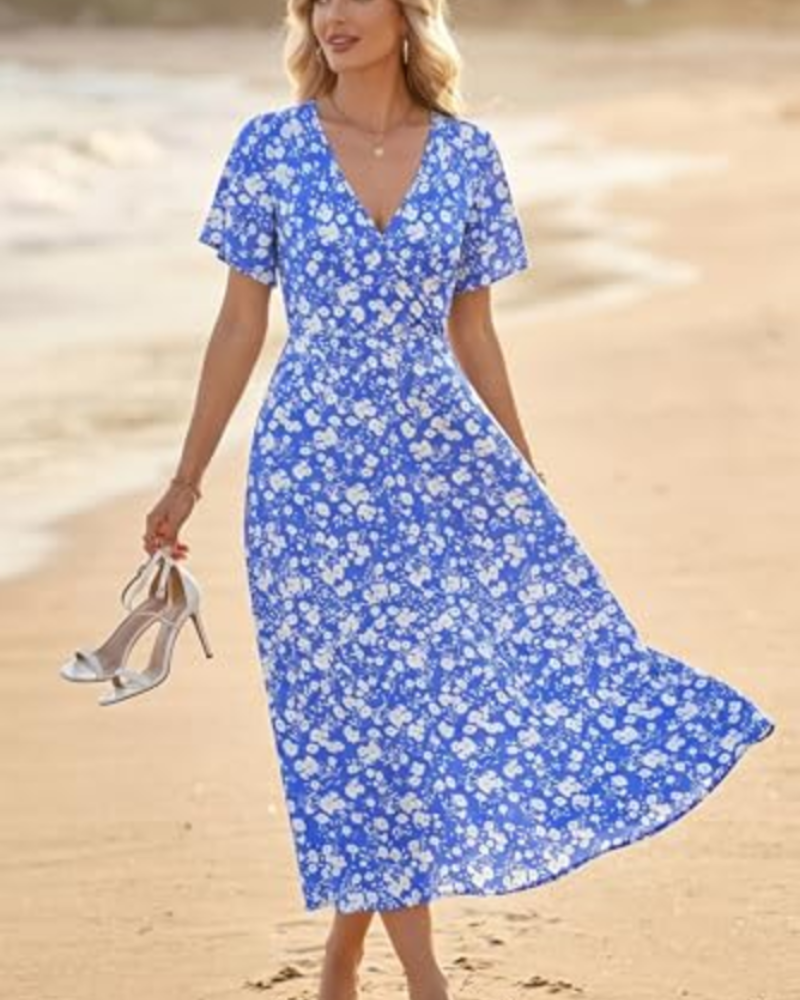 Isabelle Abito Maxi Femme – Robe Artistique avec Col en V et Taille Haute