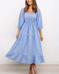 Lily Women's Midi Dress – Boho Plaid Dress with Puff Sleeves and Ruffles