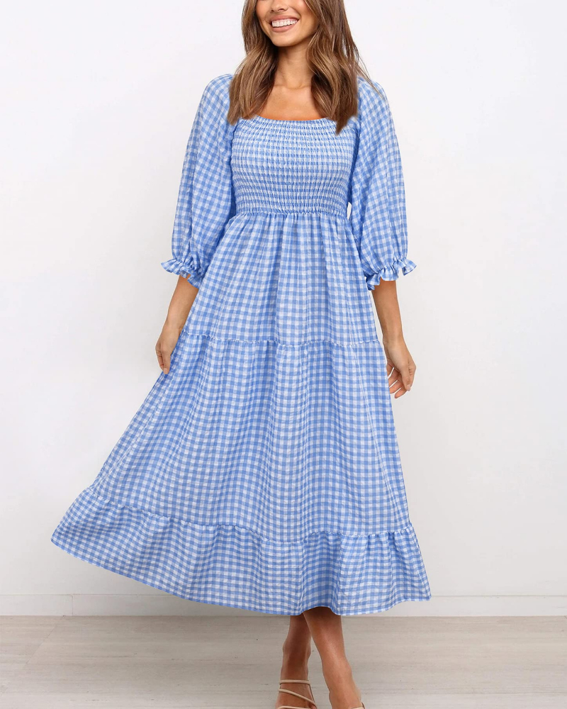 Lily Women's Midi Dress – Boho Plaid Dress with Puff Sleeves and Ruffles