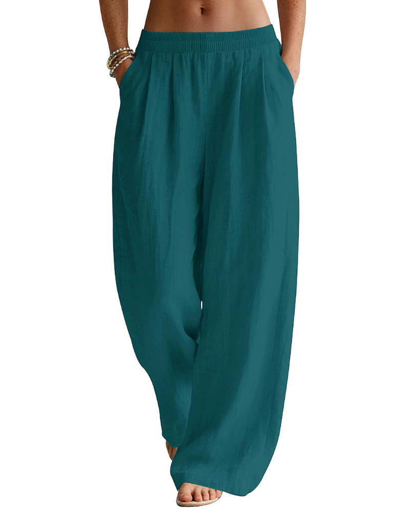 Evelyn Pantaloni Palazzo Donna – Misto Lino, Vita Elasticizzata e Tasche Laterali
