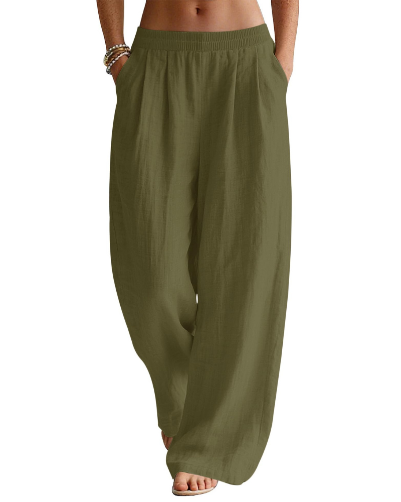 Evelyn Pantaloni Palazzo Donna – Misto Lino, Vita Elasticizzata e Tasche Laterali