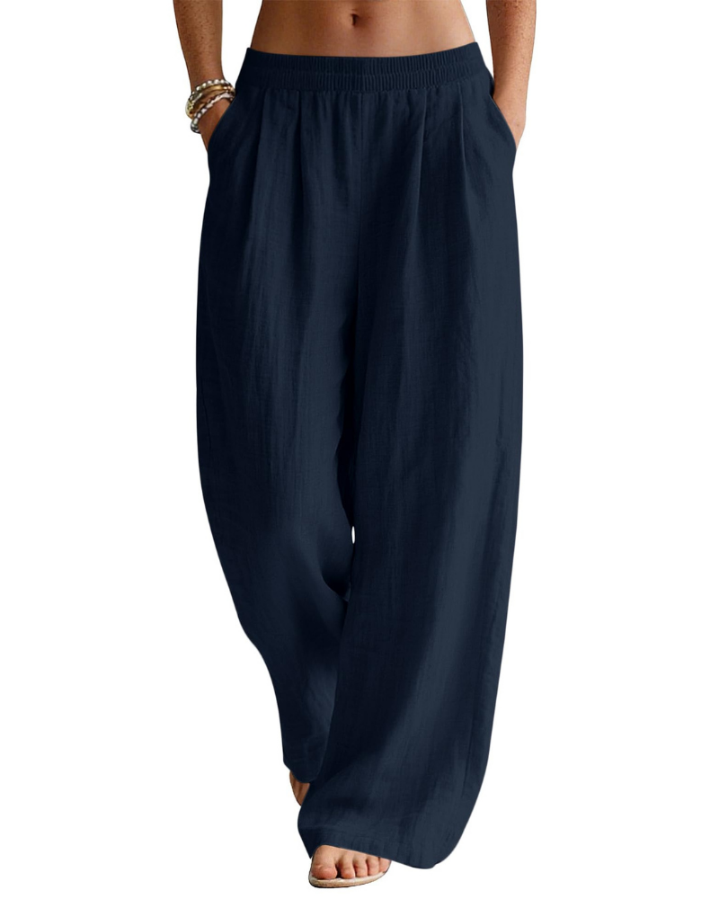 Evelyn Pantaloni Palazzo Donna – Misto Lino, Vita Elasticizzata e Tasche Laterali