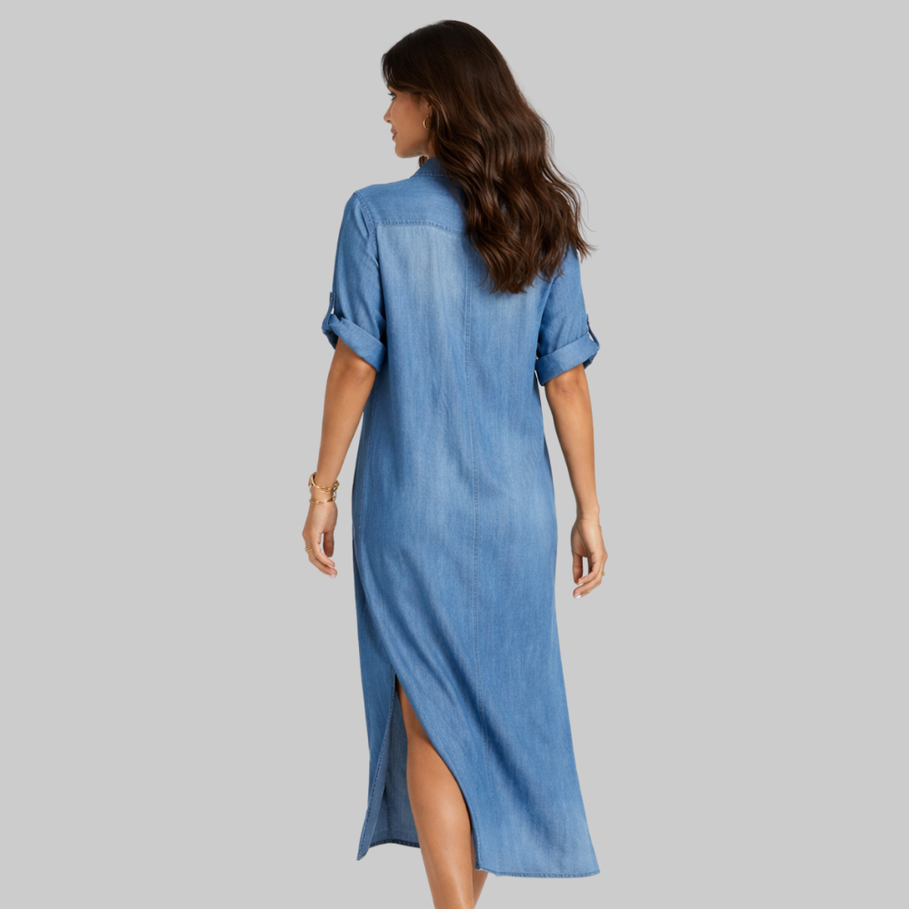 Elise Robe Femme Longue Denim – Robe Décontractée avec Fente Latérale et Manches Courtes