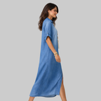 Elise Robe Femme Longue Denim – Robe Décontractée avec Fente Latérale et Manches Courtes