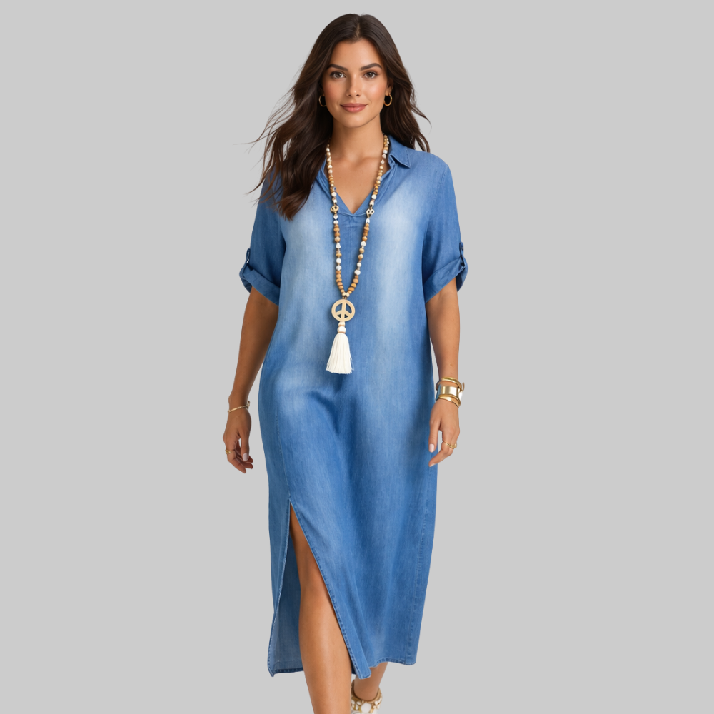 Elise Robe Femme Longue Denim – Robe Décontractée avec Fente Latérale et Manches Courtes