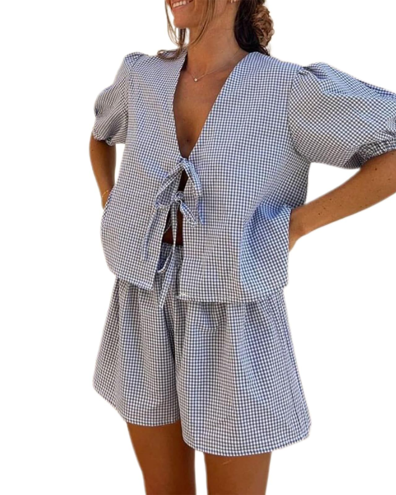 Tabitha Set Donna 2 Pezzi – Top Peplum con Fiocco e Shorts Coordinati