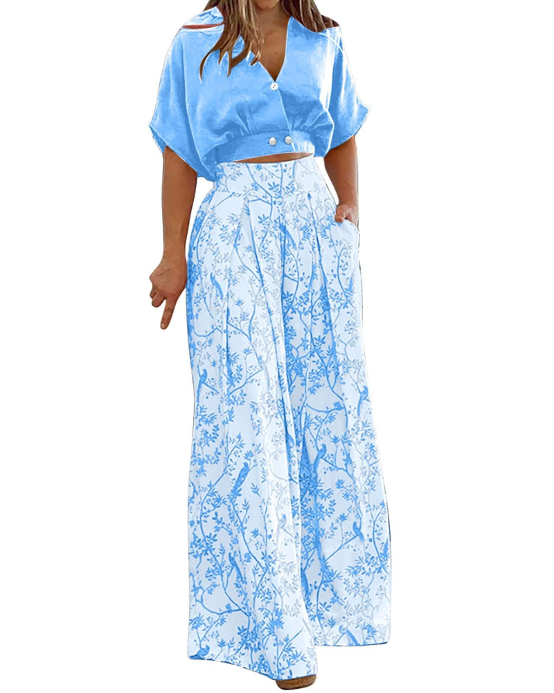 Harper Set Donna 2 Pezzi – Top con Scollo a V e Pantaloni Palazzo a Vita Alta