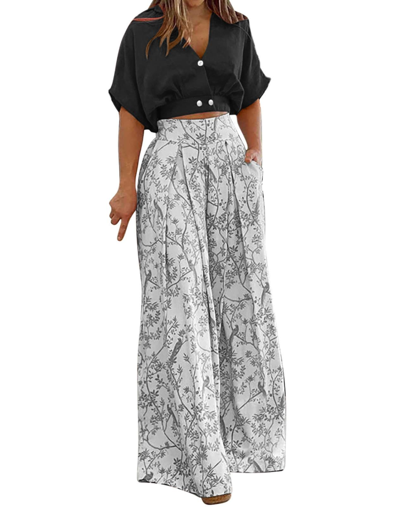 Harper Set Donna 2 Pezzi – Top con Scollo a V e Pantaloni Palazzo a Vita Alta