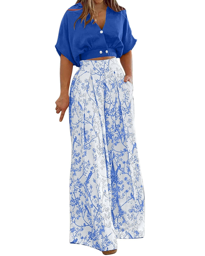 Harper Set Donna 2 Pezzi – Top con Scollo a V e Pantaloni Palazzo a Vita Alta