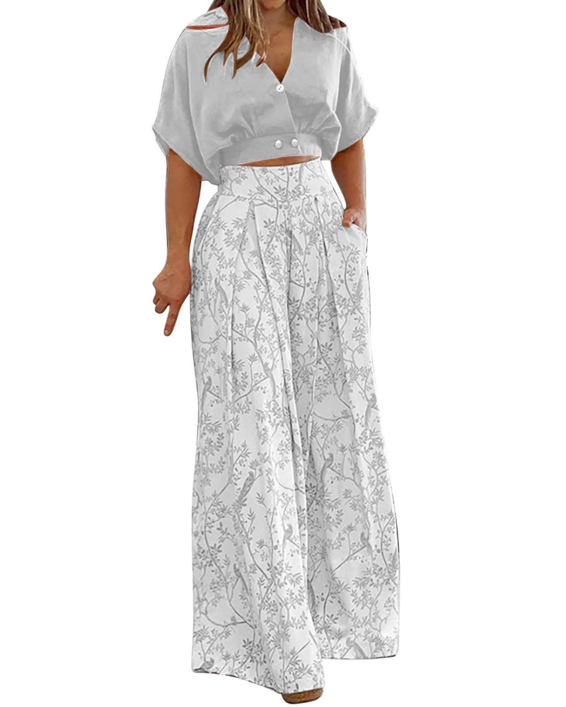 Harper Set Donna 2 Pezzi – Top con Scollo a V e Pantaloni Palazzo a Vita Alta