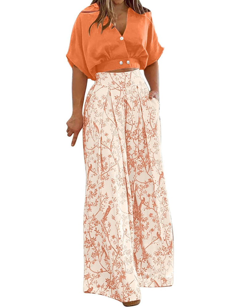 Harper Set Donna 2 Pezzi – Top con Scollo a V e Pantaloni Palazzo a Vita Alta