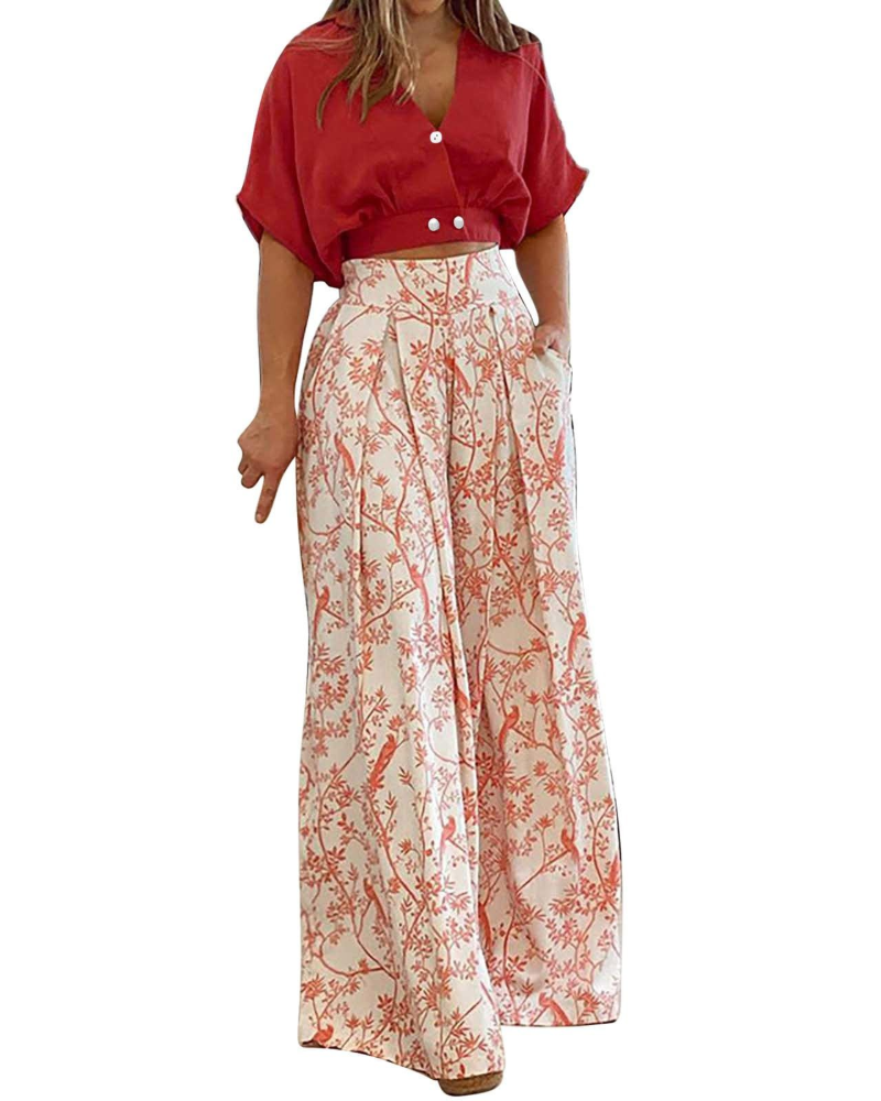 Harper Set Donna 2 Pezzi – Top con Scollo a V e Pantaloni Palazzo a Vita Alta