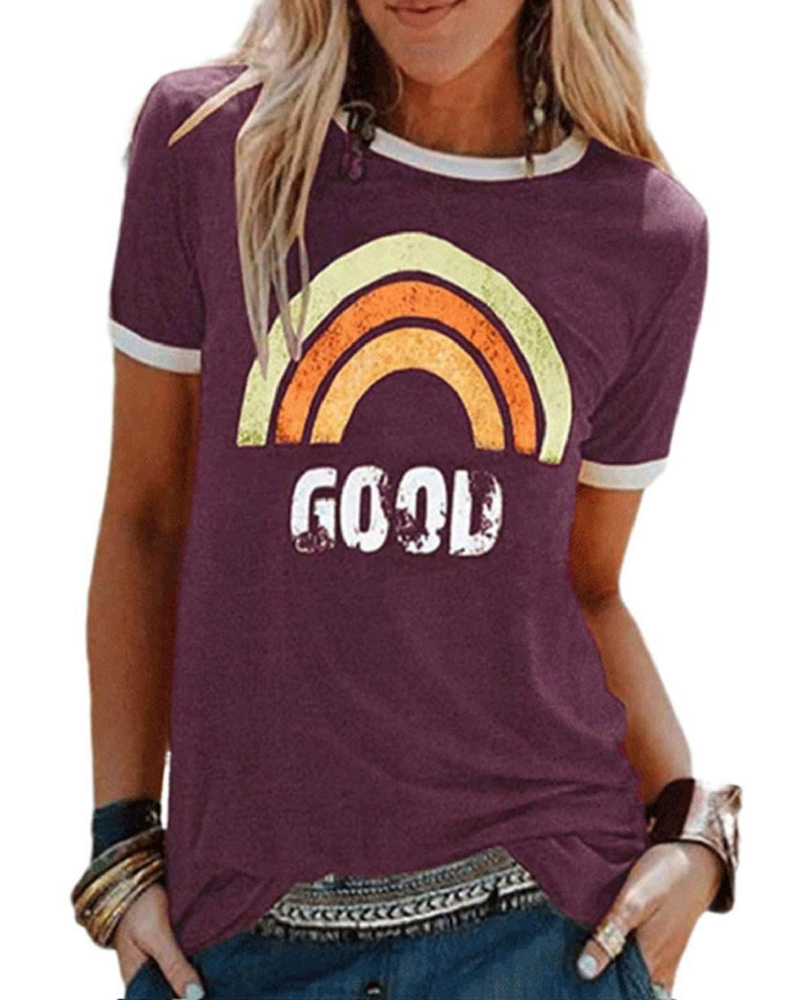 T-shirt Rosalie pour femme – T-shirt en coton avec impression arc-en-ciel et manches courtes