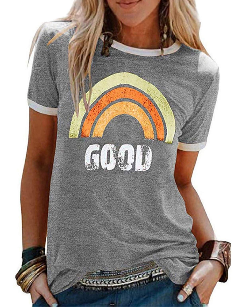 T-shirt Rosalie pour femme – T-shirt en coton avec impression arc-en-ciel et manches courtes